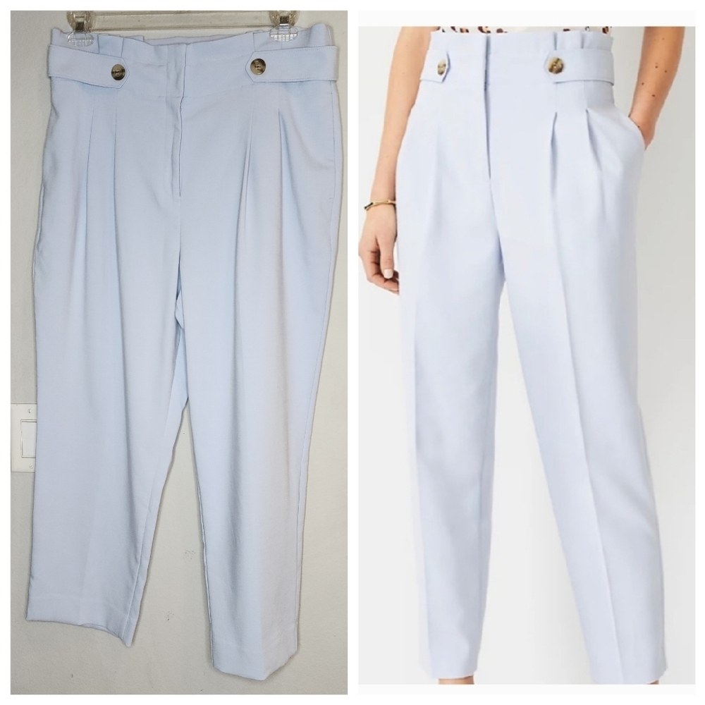 Ann Taylor Paperbag Tapered Ankle Pant Light Blue High Rise Pleated Size 14P